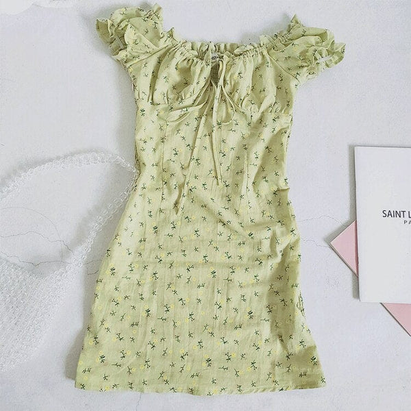 Cap Point Sage Green Cotton Floral Print Ruched Back Scoop Neck Mini Dress