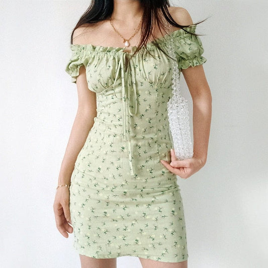 Cap Point Sage Green Cotton Floral Print Ruched Back Scoop Neck Mini Dress