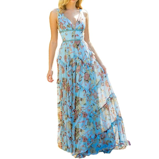 Cap Point Sage Olive Floral V-Neck Sleeveless Tulle Dress