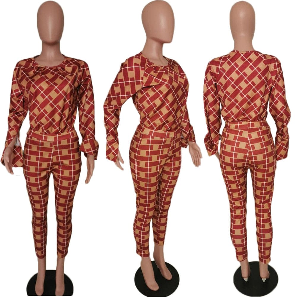 Cap Point Samantha Long Sleeves Loose T-Shirt Checked Pants Suit