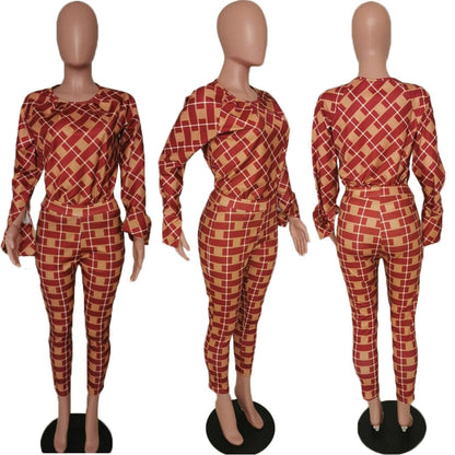 Cap Point Samantha Long Sleeves Loose T-Shirt Checked Pants Suit