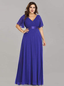 Cap Point Sapphire Blue / 4 Mileine Elegant Long Evening A Line V Neck Ruffles Chiffon Formal Wedding Party Dress