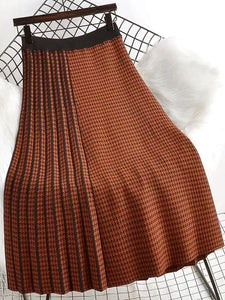 Cap Point Schomie Knit High Waist Houndstooth Patchwork Pleated A-line Asymmetrical Skirt