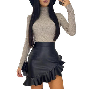 Cap Point Sexy Black Ruffle Asymmetric PU Leather Mini Skirt