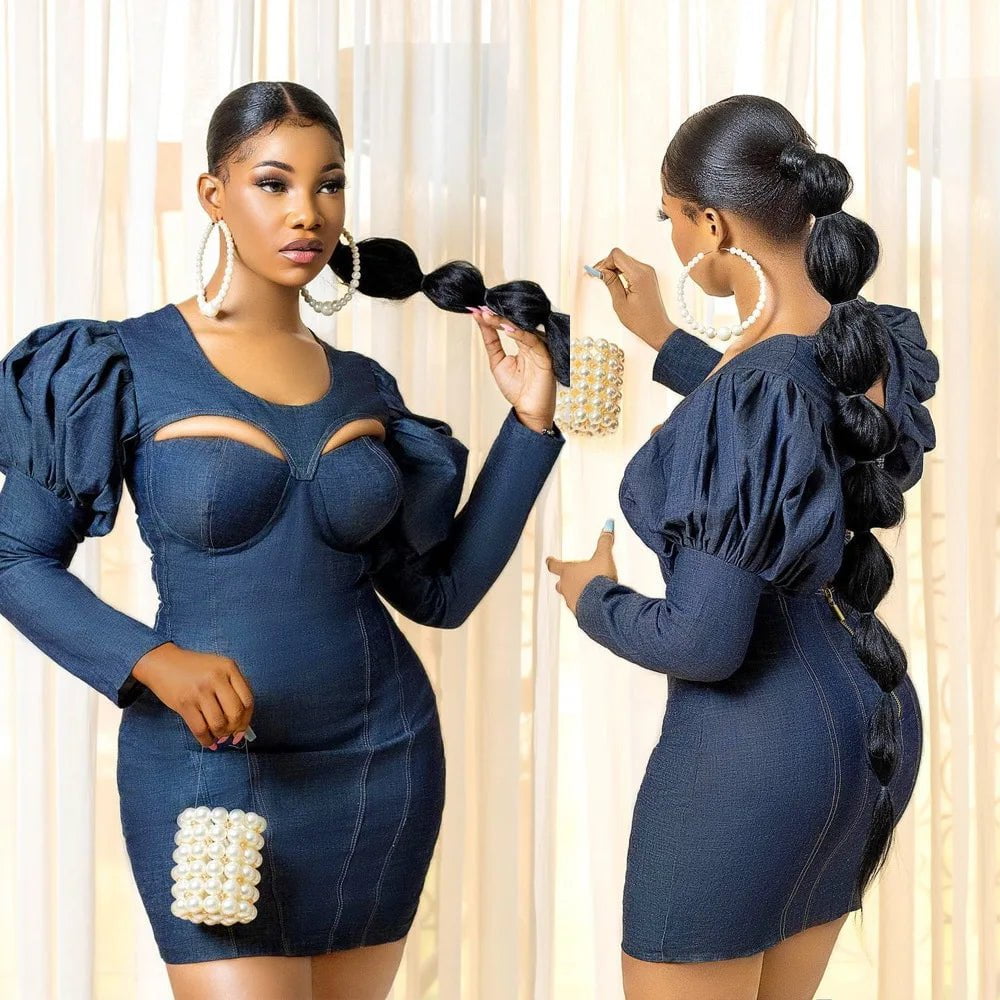 Cap Point Sexy Round Neck Solid Puff Sleeve Mini Dress