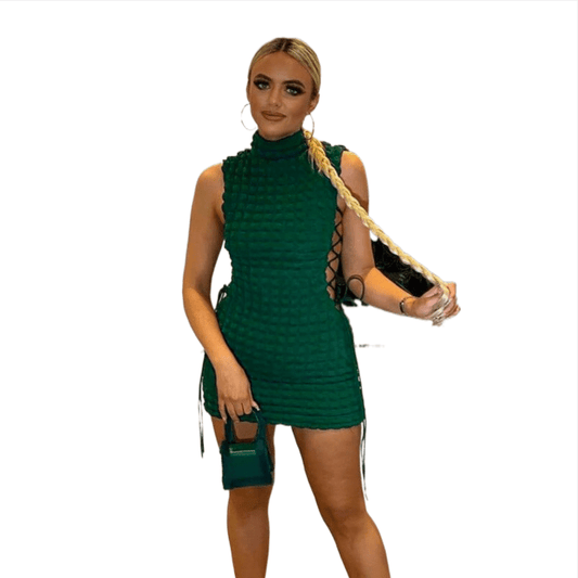 Cap Point Sexy Solid Mock Neck Sleeveless Draw String Bodycon Mini Dress