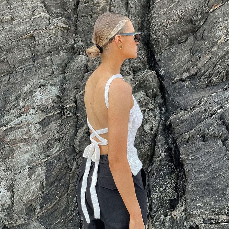 Cap Point Sexy Summer Sleevless Slim Fit Knitted Backless Bandage Crop Top