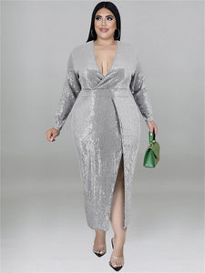 Cap Point Silver / XL Doris Plus Size Fall V Neck Bodycon Elegant Sexy Evening Maxi Dress