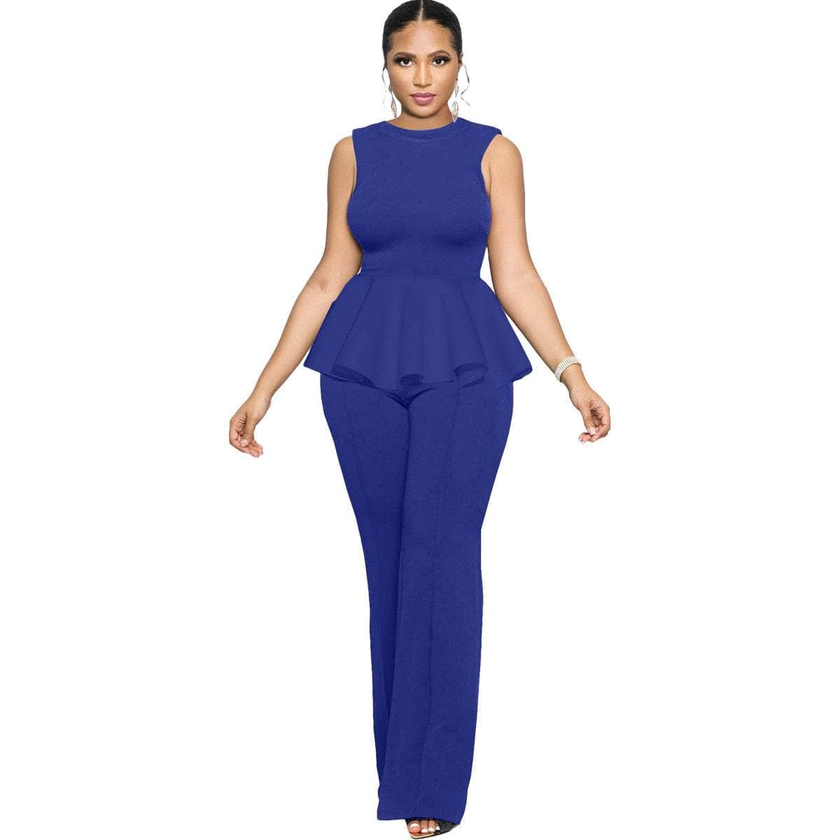 Dinanga Summer Sleeveless Ruffle Zipper Long Jumpsuit Cap Point
