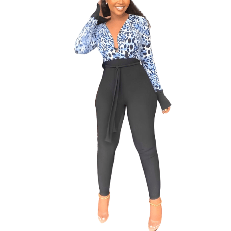 Cap Point sky blue / S Natasha Long Sleeve V Neck Patchwork Jumpsuit