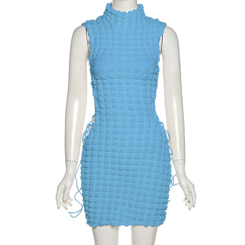 Cap Point sky blue / S Sexy Solid Mock Neck Sleeveless Draw String Bodycon Mini Dress