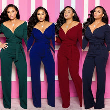 Load image into Gallery viewer, Cap Point Solid Sexy Deep V Neck Full Sleeve  Work Party Casual Slim Jumpsuits
