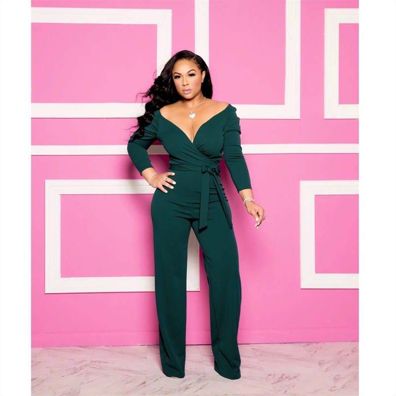 Cap Point Solid Sexy Deep V Neck Full Sleeve  Work Party Casual Slim Jumpsuits