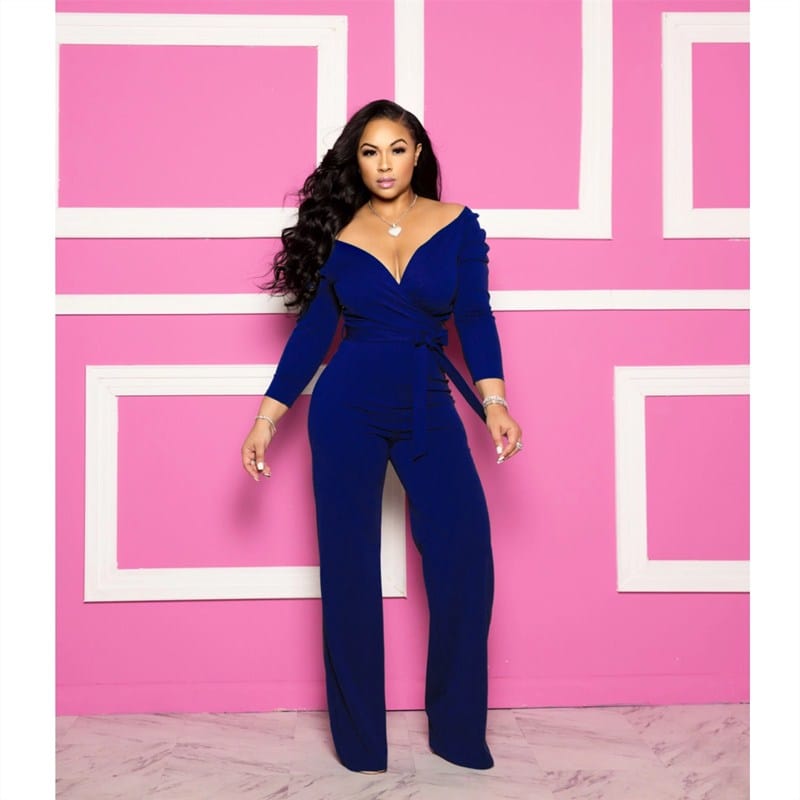 Cap Point Solid Sexy Deep V Neck Full Sleeve  Work Party Casual Slim Jumpsuits