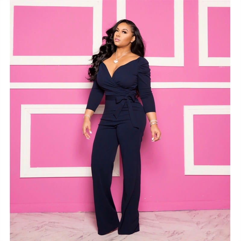 Cap Point Solid Sexy Deep V Neck Full Sleeve  Work Party Casual Slim Jumpsuits
