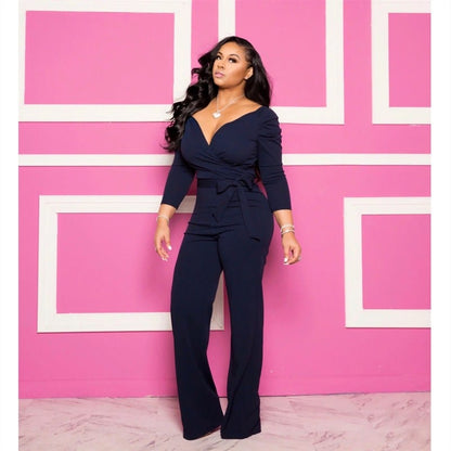 Cap Point Solid Sexy Deep V Neck Full Sleeve  Work Party Casual Slim Jumpsuits