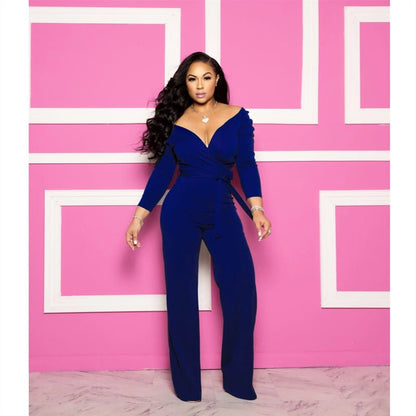 Cap Point Solid Sexy Deep V Neck Full Sleeve  Work Party Casual Slim Jumpsuits