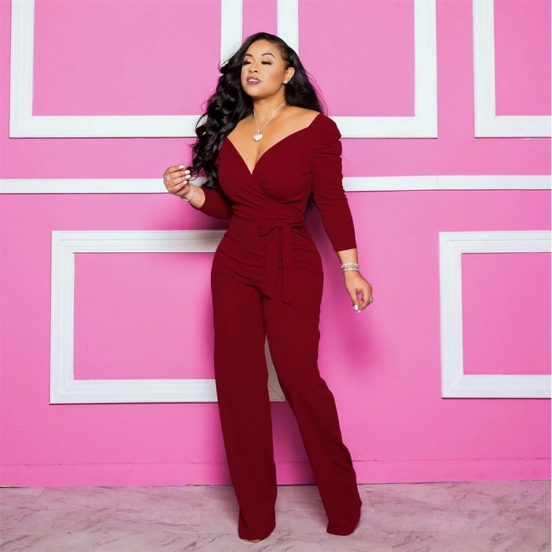 Cap Point Solid Sexy Deep V Neck Full Sleeve  Work Party Casual Slim Jumpsuits