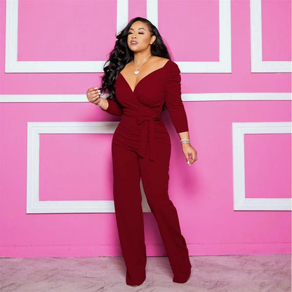 Cap Point Solid Sexy Deep V Neck Full Sleeve  Work Party Casual Slim Jumpsuits