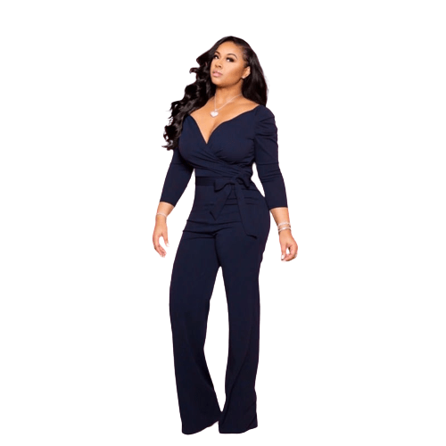 Cap Point Solid Sexy Deep V Neck Full Sleeve  Work Party Casual Slim Jumpsuits