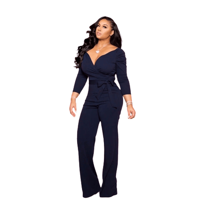 Cap Point Solid Sexy Deep V Neck Full Sleeve  Work Party Casual Slim Jumpsuits