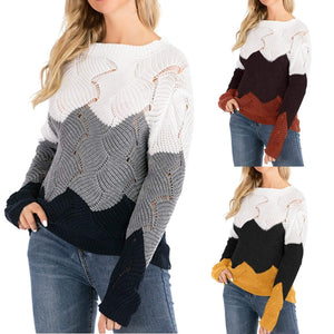 Cap Point Solid Stitching Long Sleeve Round Neck Knitted Sweater