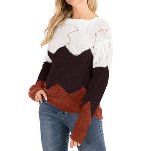 Cap Point Solid Stitching Long Sleeve Round Neck Knitted Sweater