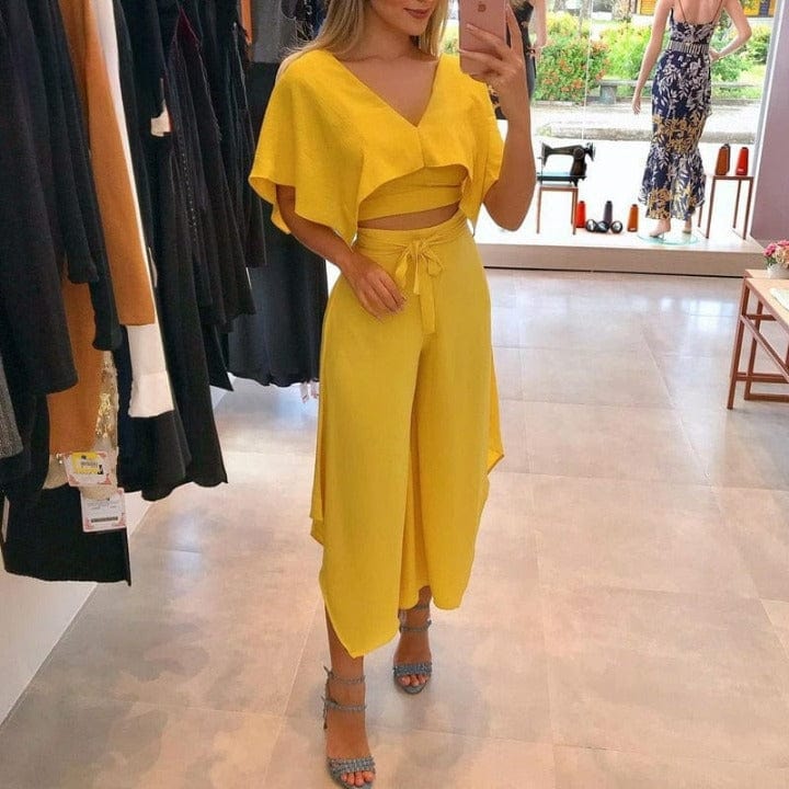Cap Point Sonia Elegant V-Neck Ruffles Trim Crop Top Pants Set
