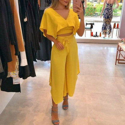 Cap Point Sonia Elegant V-Neck Ruffles Trim Crop Top Pants Set