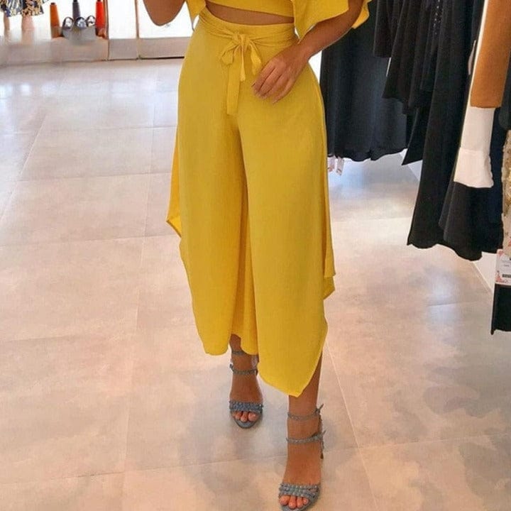 Cap Point Sonia Elegant V-Neck Ruffles Trim Crop Top Pants Set