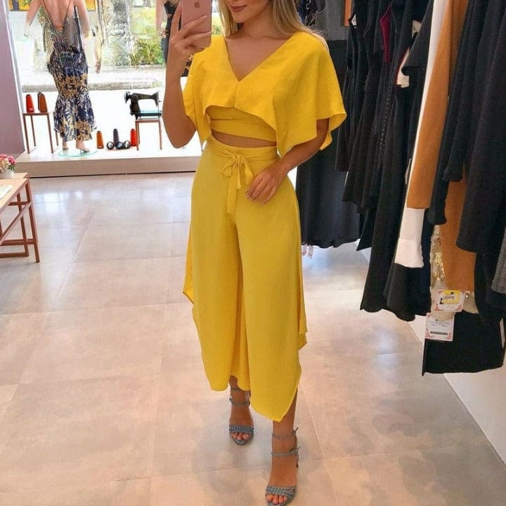 Cap Point Sonia Elegant V-Neck Ruffles Trim Crop Top Pants Set