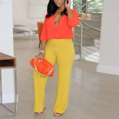 Cap Point Sonia Two Piece Long Sleeve V Neck Shirt Solid Slim Pants Set