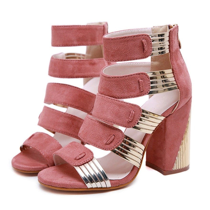 Cap Point Square Flocked Hollow Out High Heel Gladiator Boots