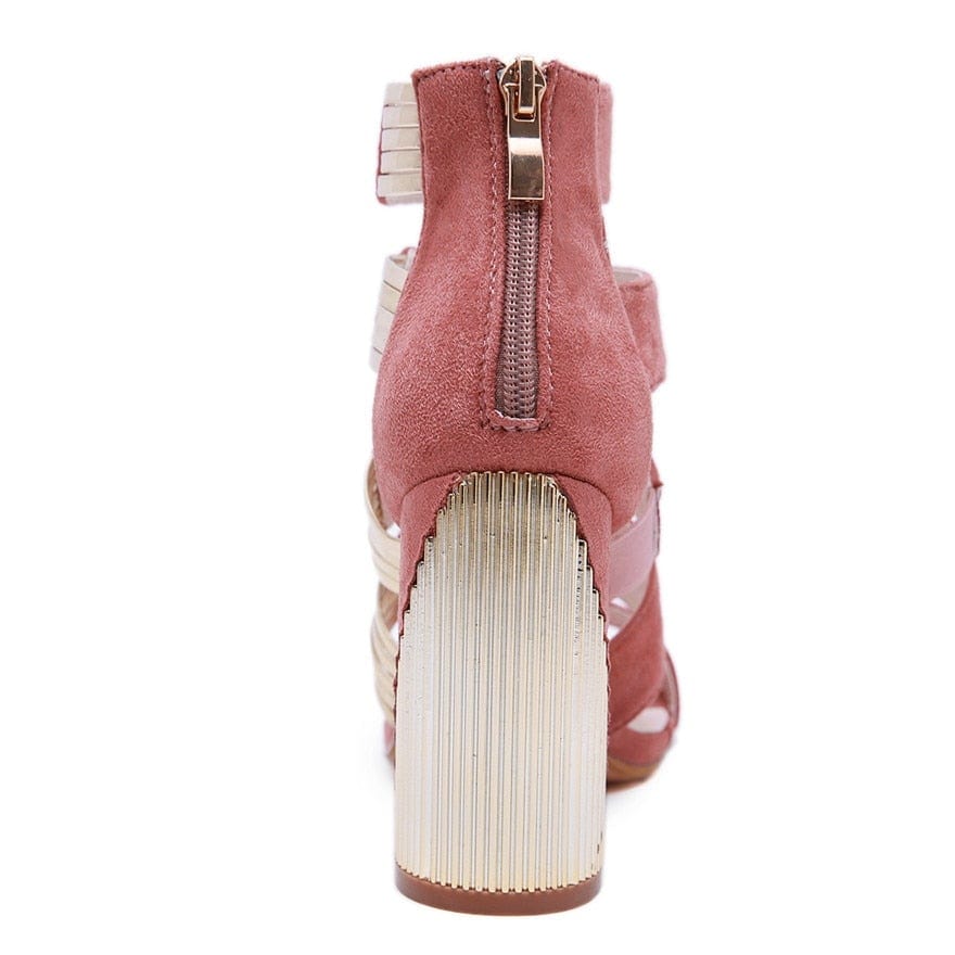 Cap Point Square Flocked Hollow Out High Heel Gladiator Boots