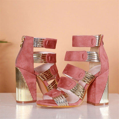 Cap Point Square Flocked Hollow Out High Heel Gladiator Boots