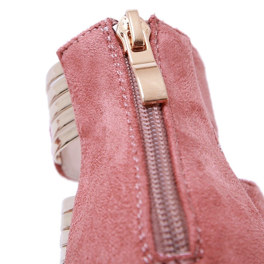 Cap Point Square Flocked Hollow Out High Heel Gladiator Boots