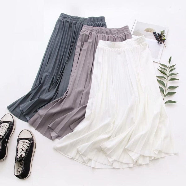 Cap Point Summer Pleated Solid Linen Elastic Waist Vintage Elegant Office Midi Skirt