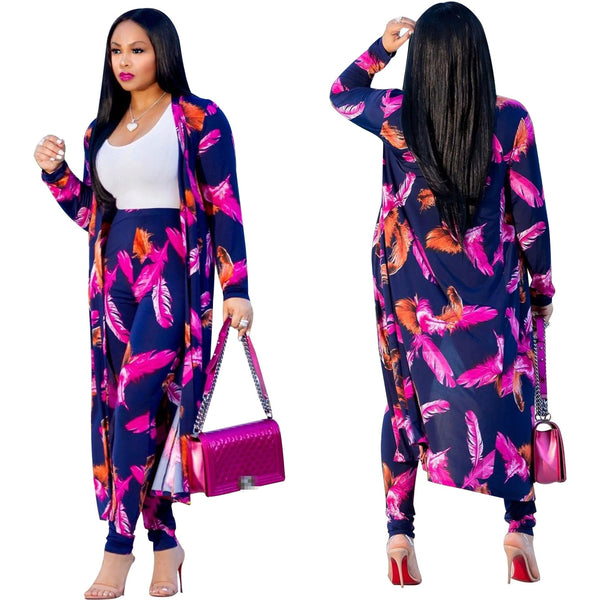 Cap Point Summer Print Long Sleeve Cardigan Pants Two Piece