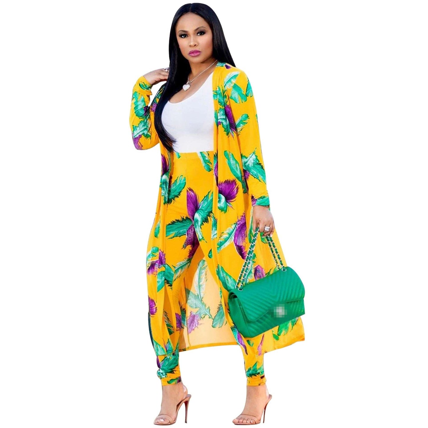 Cap Point Summer Print Long Sleeve Cardigan Pants Two Piece