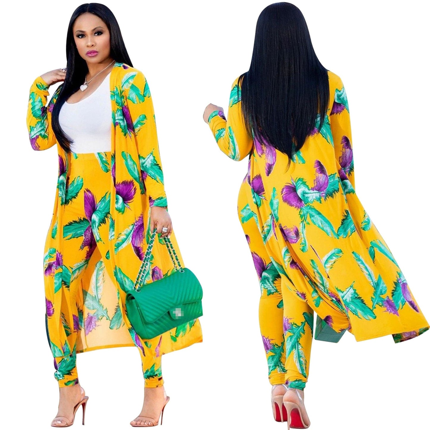 Cap Point Summer Print Long Sleeve Cardigan Pants Two Piece
