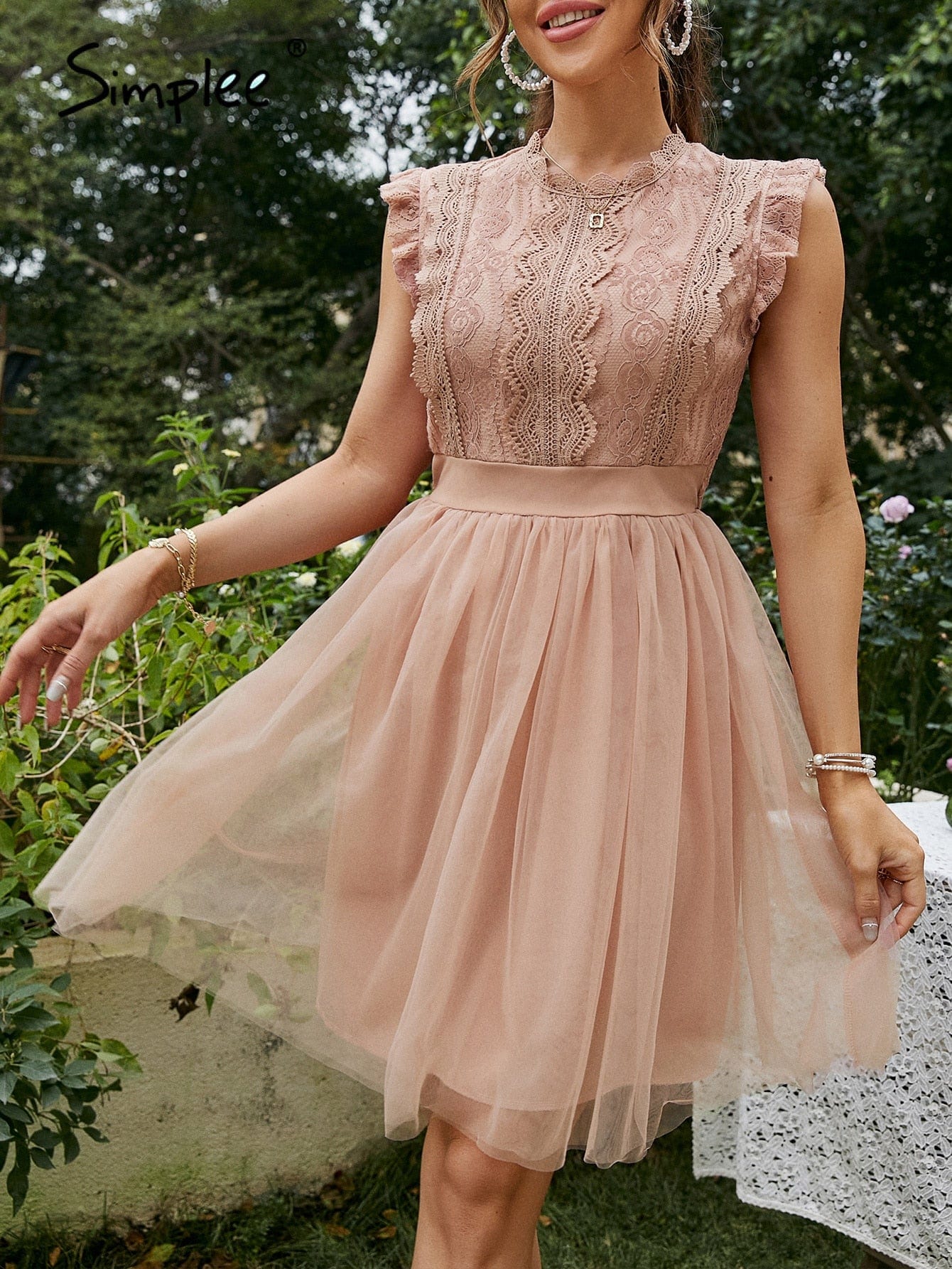 Cap Point Summer sleeveless lace tulle Mini Party dress