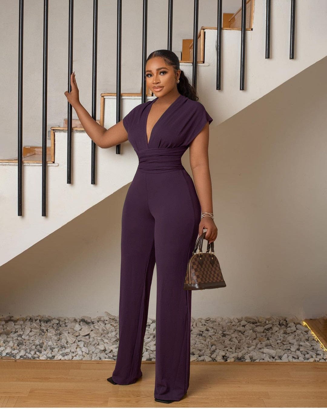 Cap Point Summer Solid Deep V-neck Bandage Long Wide-leg Jumpsuit