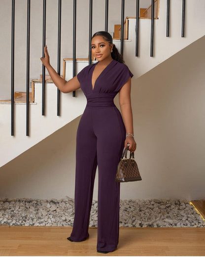 Cap Point Summer Solid Deep V-neck Bandage Long Wide-leg Jumpsuit