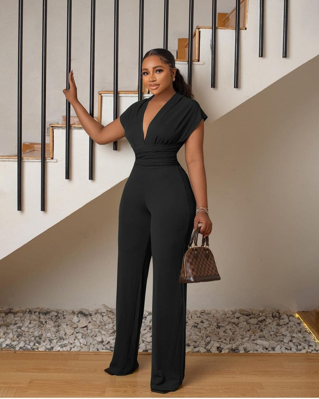 Cap Point Summer Solid Deep V-neck Bandage Long Wide-leg Jumpsuit