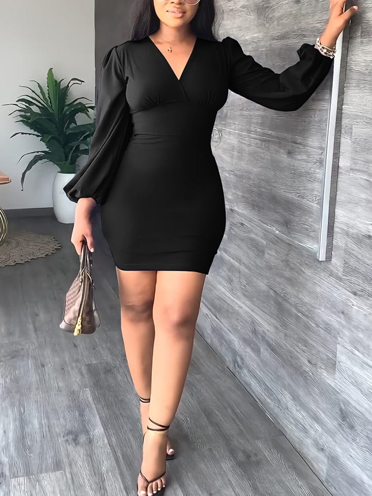 Cap Point Tamara Long Sleeve V-neck Solid Elegant Bodycon OL Dress
