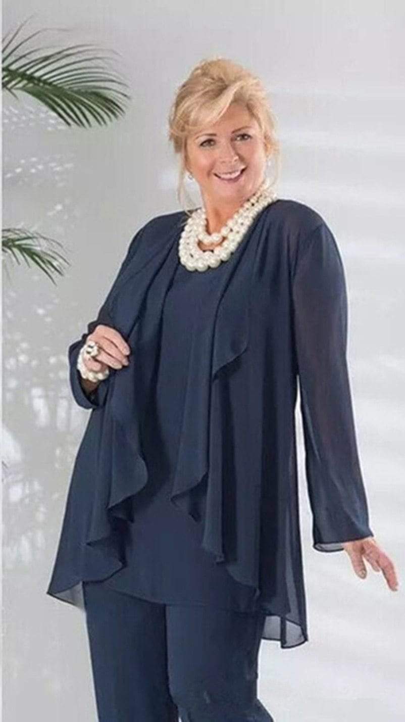 Cap Point Three Piece Chiffon Long Sleeve Jacket Mother of the Bride Pant Suit