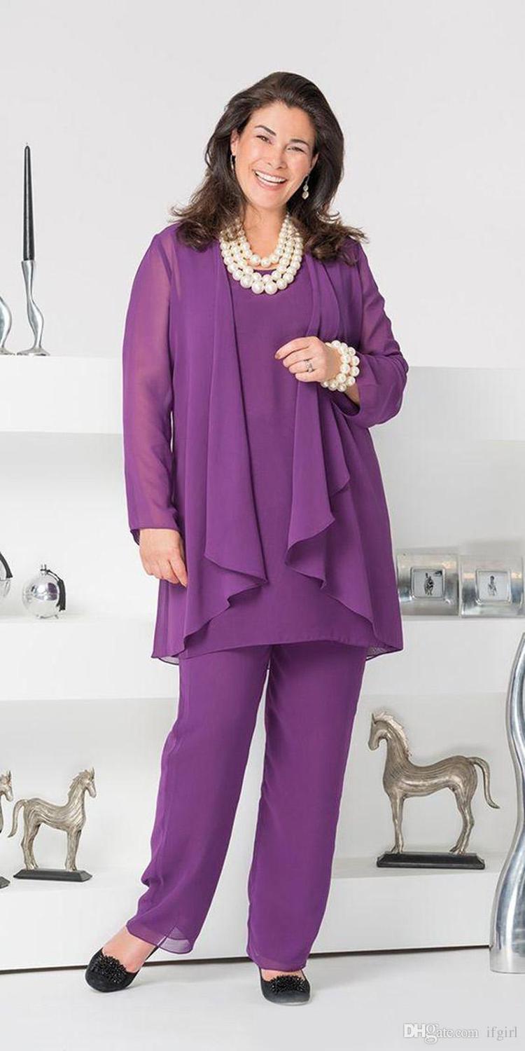 Cap Point Three Piece Chiffon Long Sleeve Jacket Mother of the Bride Pant Suit