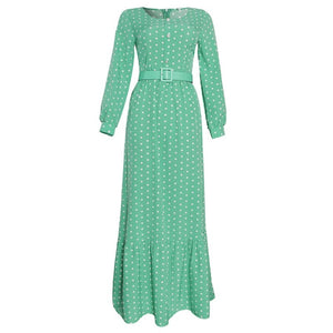 Cap Point Turquoise / L Linton Bohemian Lace Dots Long Sleeve Ruffle Maxi Dress with Belt