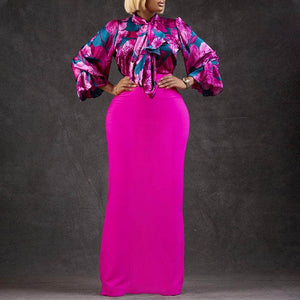 Cap Point Urielle Elegant OL Print Bowknot Lace-up Shirt Long Skirt Two Piece Suit