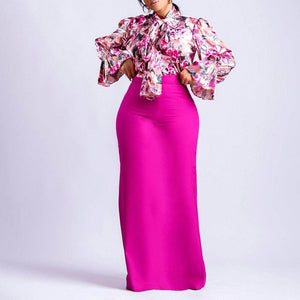 Cap Point Urielle Elegant OL Print Bowknot Lace-up Shirt Long Skirt Two Piece Suit